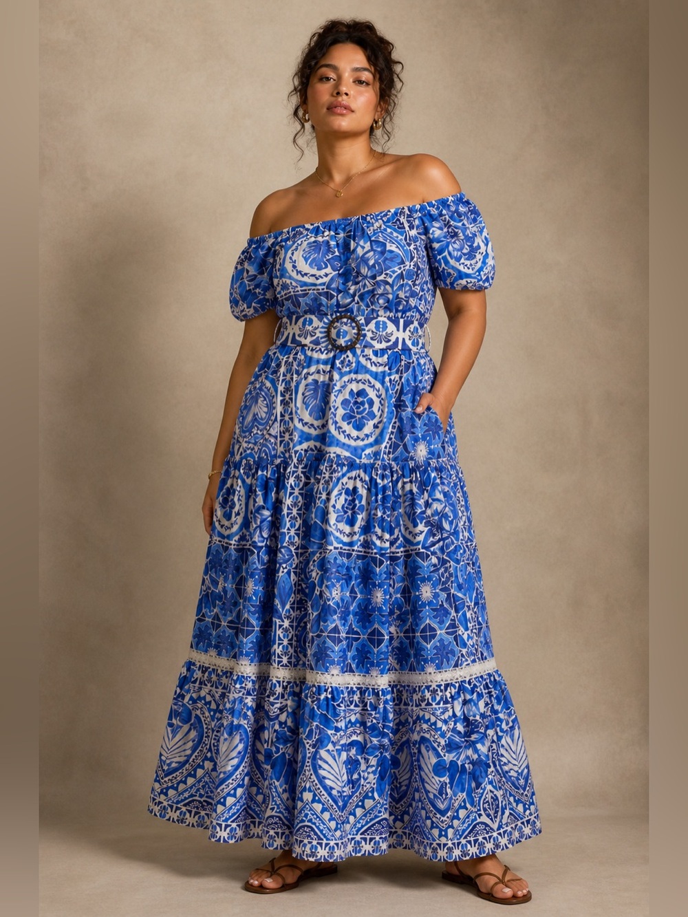 FARM Rio Blue and White Tiered Maxi Sundress Size XL